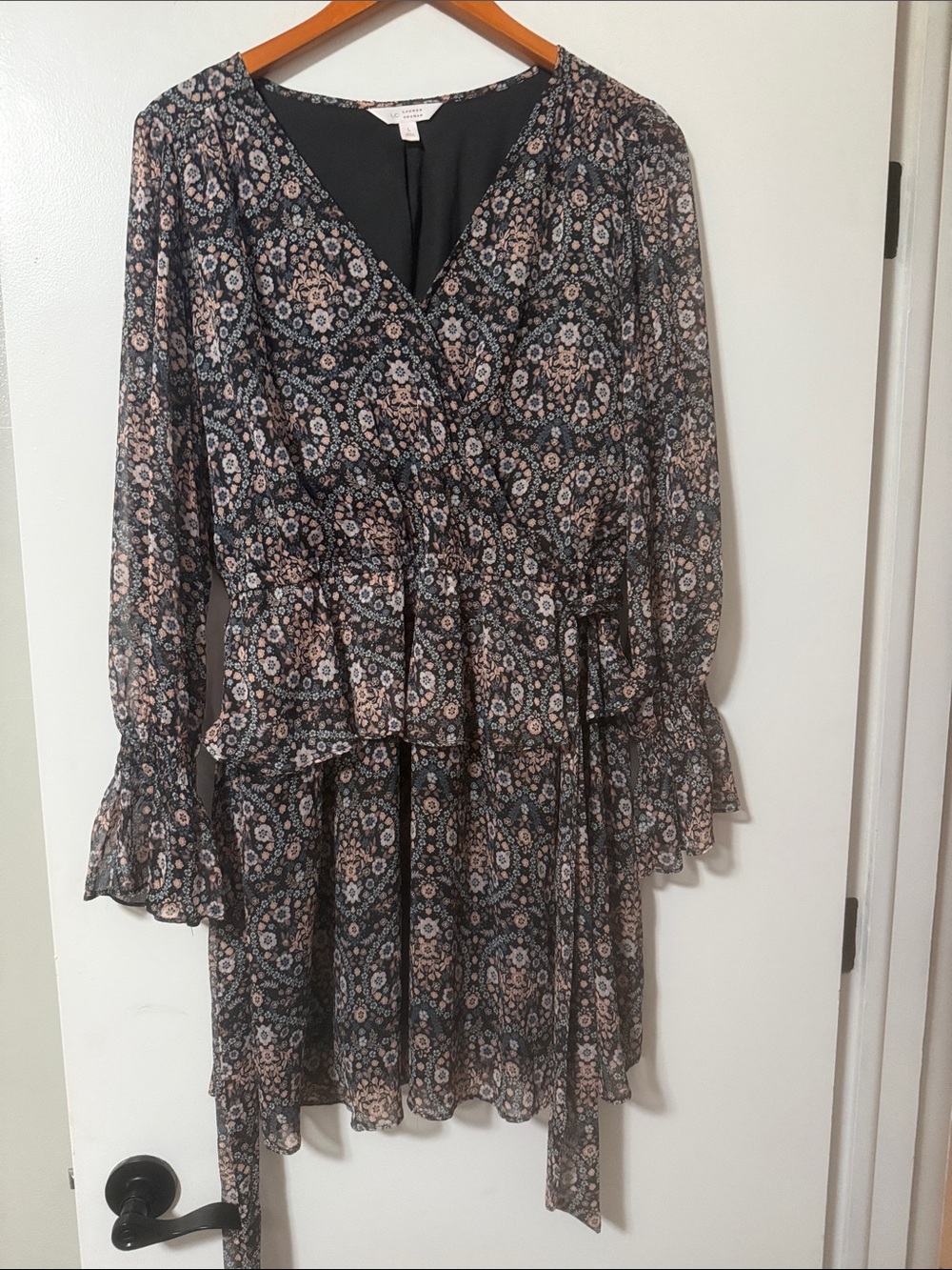 LC Lauren Conrad Black Floral Wrap Long Sleeve Tiered Dress